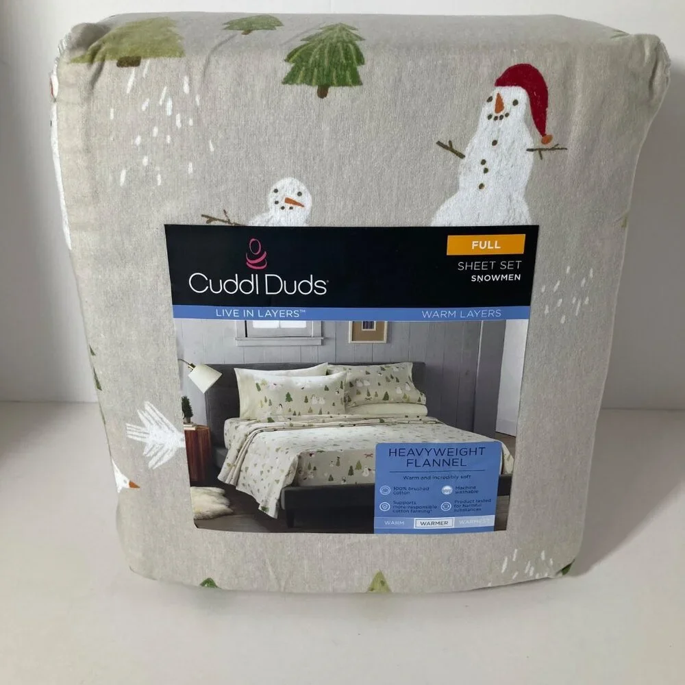Cuddl Duds Brushed Cotton Full‎ Sheet Set In Bag Snowmen NIP
